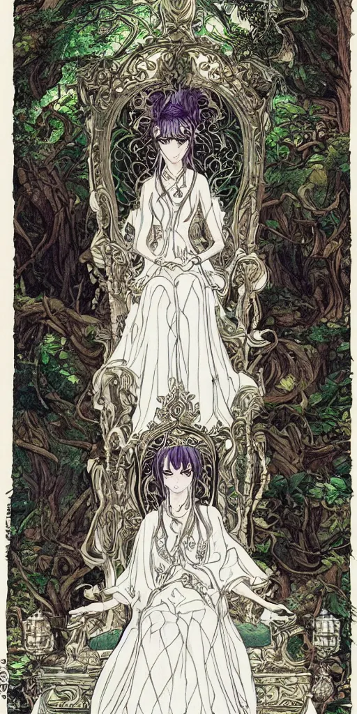 Image similar to an highly detailed magical empress sitting by herself on a sofa in a forest wearing a white robe drawn by cloverworks studio, excellent line work ,elegant and beautiful, tarot card, Tarot card the empress