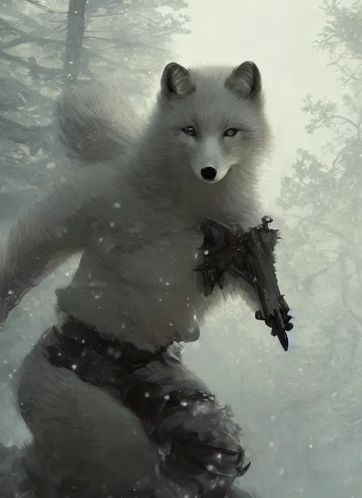 Image similar to character concept portrait of a bipedal Arctic Fox, dark fur, Paladin with in full metal armor with a sword and shield, a blizzard drifts through the forest behind her, intricate, elegant, digital painting, concept art, smooth, sharp focus, illustration, from Metal Gear, by Ruan Jia and Mandy Jurgens and William-Adolphe Bouguereau, Artgerm