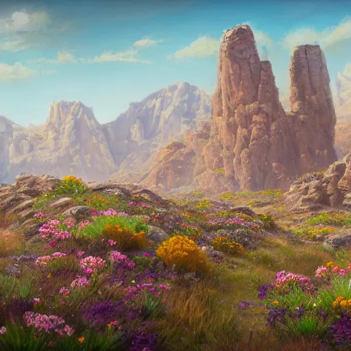 Image similar to a matte painting of the wild west, patchy flowers and rocks, oil painting, pale colors, high detail, 8 k, wide angle, trending on artstation,