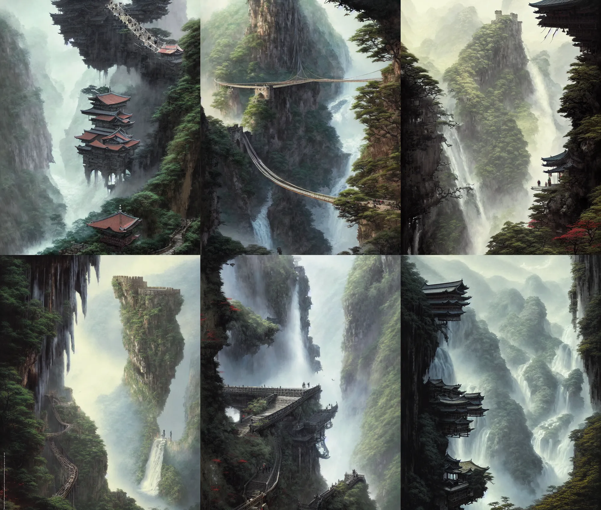 Prompt: establishing wide shot inside han son doong with waterfalls on either side of the cliff walls, at the top of the cliff is a japanese castle, an old suspension bridge spans the walls, detailed concept art by greg rutkowski and gerald brom