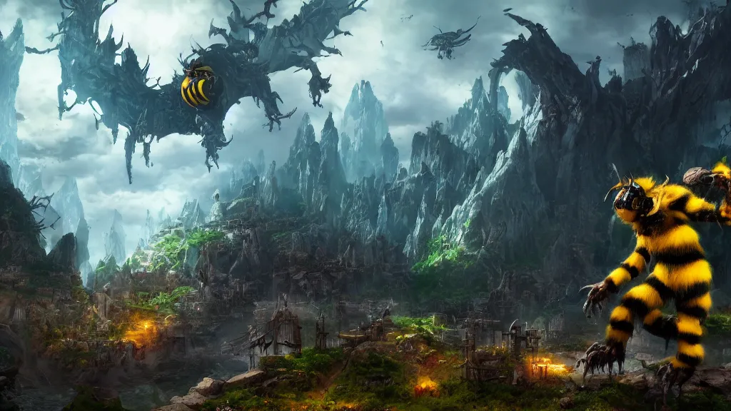 Prompt: giant bumblebee goblin, fantasy artwork, very very very beautiful scenery, hd, hdr, ue5, ue6, unreal engine 5, cinematic 4k wallpaper, 8k, ultra detailed, high resolution, artstation, award winning