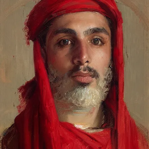 Image similar to Solomon Joseph Solomon and Richard Schmid and Jeremy Lipking Middle eastern genre painting portrait painting of a young handsome man in ancient Canaanite costume, red background