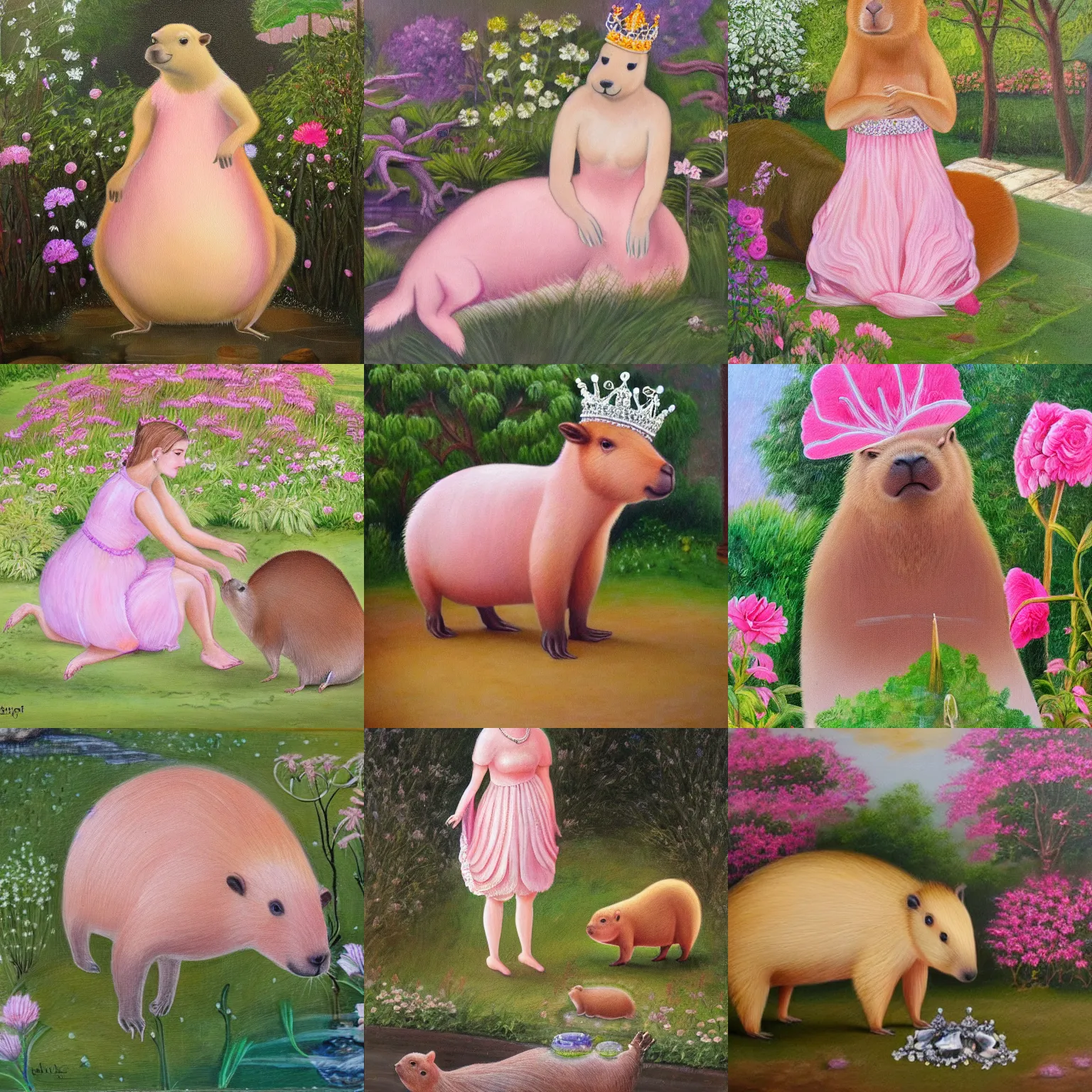 Prompt: capybara wearing a light pink dress and a crystal crown in a beautiful garden, highly detailed oil painting, anatomically correct