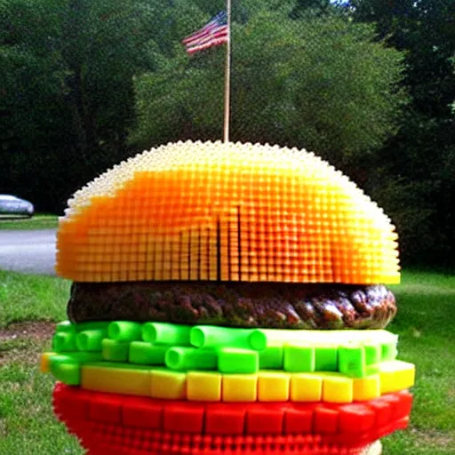 Image similar to cheeseburger sculpture made out of empty plastic bottles.