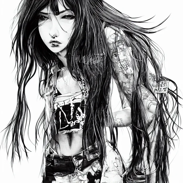 Prompt: a punk girl with long hair band t - shirt and tight jean shorts posing for the camera, line art, black and white, concept art, masterpiece 4 k digital illustration by sungmoo heo, highly detailed, trending on artstation, award winning