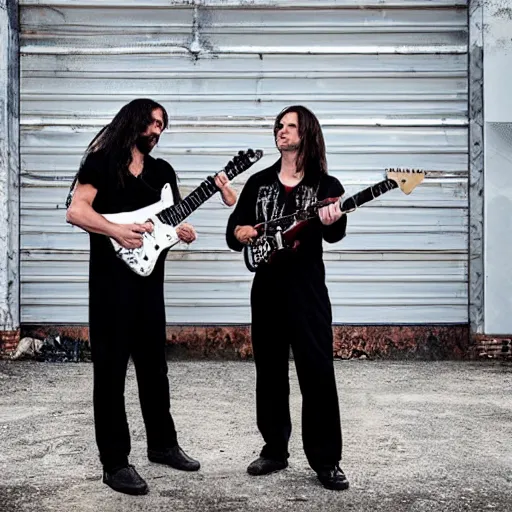 Image similar to two electric guitar players in jumpsuits, playing death metal in an abandoned warehouse