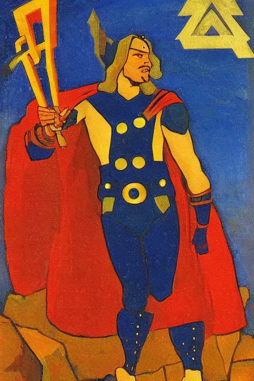 Image similar to thor with hammer, marvel, artwork by nicholas roerich,