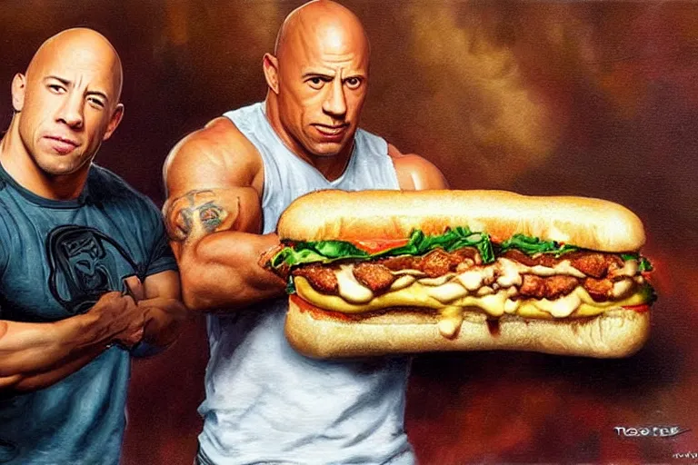 Prompt: portrait of vin diesel and dwayne the rock johnson sharing a footlong sub sandwich, an oil painting by ross tran and thomas kincade