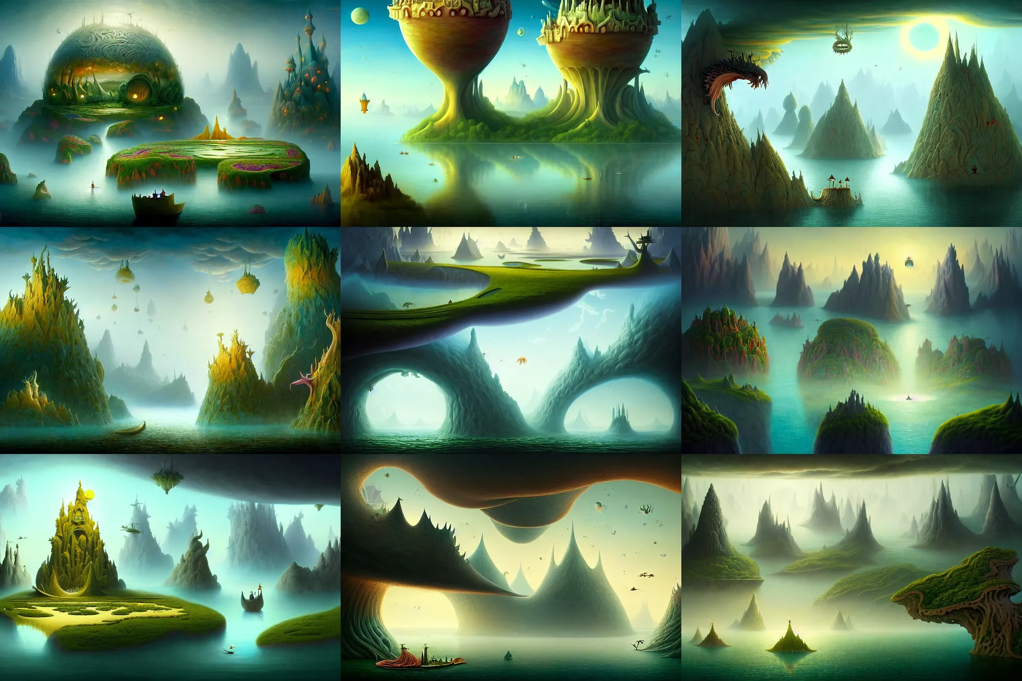 Prompt: a beguiling epic stunning beautiful and insanely detailed matte painting of floating islands in a dream world with surreal architecture designed by Heironymous Bosch, dream world populated with mythical whimsical creatures, mega structures inspired by Heironymous Bosch's Garden of Earthly Delights, vast surreal landscape and horizon by Asher Durand and Cyril Rolando and Andrew Ferez, masterpiece!!!, grand!, imaginative!!!, whimsical!!, epic scale, intricate details, sense of awe, elite, wonder, insanely complex, masterful composition!!!, sharp focus, fantasy realism, dramatic lighting