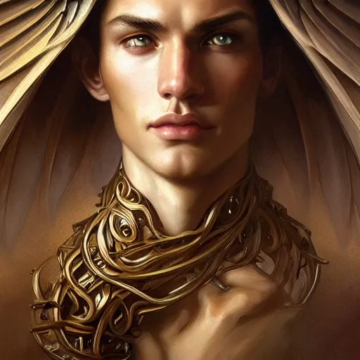 Image similar to up close portrait of a male angel, d & d, face, fantasy, intricate, elegant, highly detailed, digital painting, artstation, concept art, smooth, sharp focus, illustration, art by artgerm and greg rutkowski and alphonse mucha