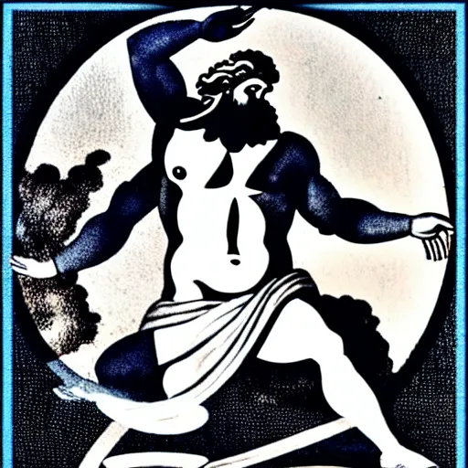 Prompt: Greek God Zeus breakdancing, wearing generic ancient greek clothing, Zeus is in black and white, the background color is blue, in the style of Alex Heywood and Minna Sundberg