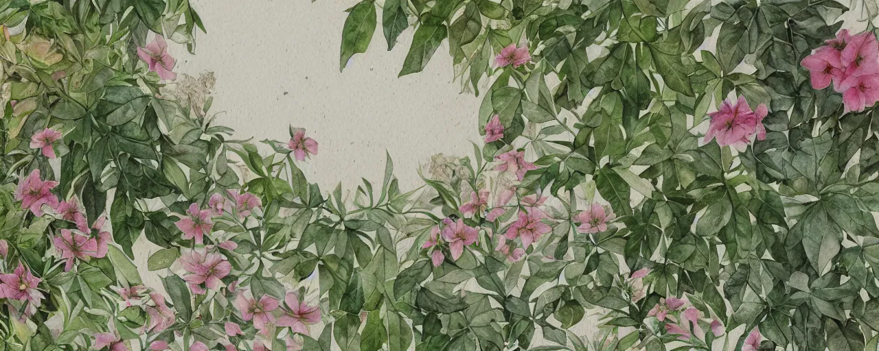 Image similar to delicate marble in a botanic garden, stony, puffy, botanical herbarium paper, watercolor colored painting and pencil, iridescent colors, 8 k, realistic shaded, fine details, artstation, italian, colonnade, vines, flowers, gardena architecture, pompeii