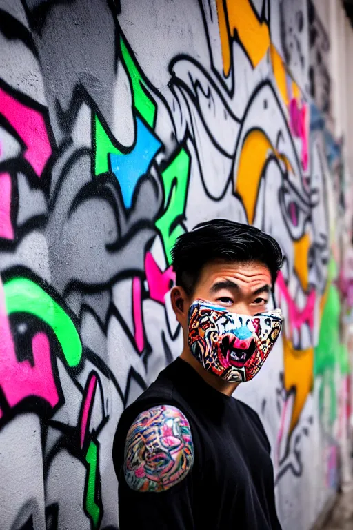 Prompt: asian guy with oni mask stand in front of wall with full of graffiti tag and mural, photorealistic, smooth, 4 k, aesthetic lighting, baroque object, facial features, hyperdetailed, professional photography, pullitzer winning, photo by : canon eos 5 d mark iv, by karah mew and adnan abidi and jodie bateman