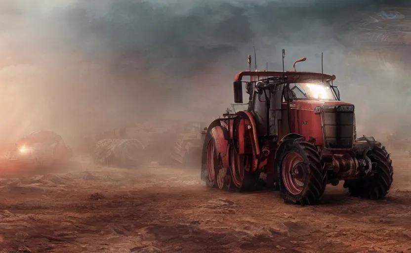 Image similar to a highly detailed beautifuly rendered, tractor that pulls a tank, thick dust and red tones, bladerunner, cyberpunk, lost city, hyper - realistic environment, epic concept art