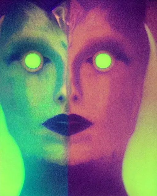 Image similar to cut and paste, serene robotic woman's face, sharp bob hair, dark makeup, violet and yellow and green and blue lighting, polaroid photo, 1 9 8 0 s, atmospheric, whimsical and psychedelic, grainy, expired film, super glitched, corrupted file, ghostly, bioluminescent glow, sci - fi, twisty