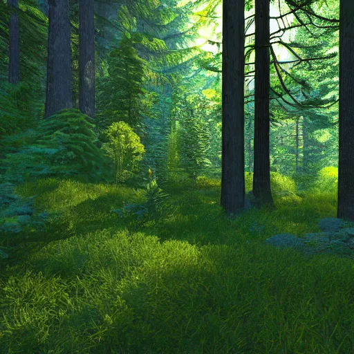 Image similar to a dense forest, brush and flowers on the forest floor, pine and spruce trees. Lighting, thick, painted, nvidia demo, point of view, dark, rays of light peeking through the leaves, symmetrical, detail.