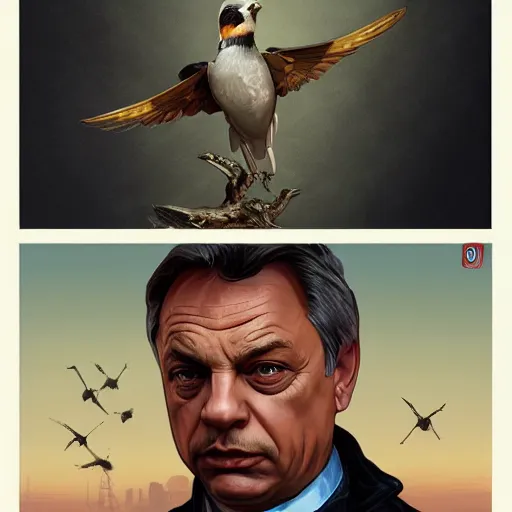 Image similar to [Viktor Orban as a bird as GTA character, closeup, D&D, intricate, elegant, highly detailed, digital painting, artstation, concept art, matte, sharp focus, illustration, art by Artgerm and Greg Rutkowski and Alphonse Mucha and Enki Bilal]