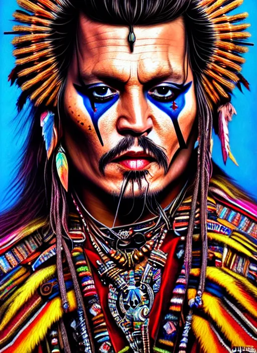 Image similar to portrait of johnny depp, hyper detailed ultra sharp aztec shaman warrior. trending on artstation, warpaint aesthetic, bloodwave, colorful, psychedelic, ornate, intricate, digital painting, concept art, smooth, sharp focus, illustration, art by artgerm and greg rutkowski and h. r. giger, 8 k