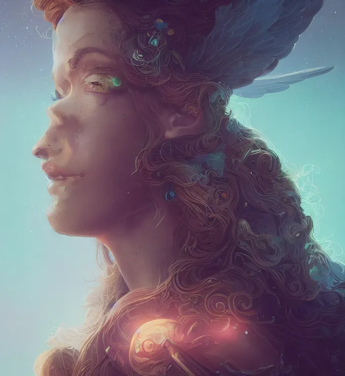 Image similar to centered waist up portrait photography an angel + bokeh + DOF + 8k, photorealistic + rendered in octane + illustration by Peter Mohrbacher and Hans Baluschek + line work by Dan Mumford