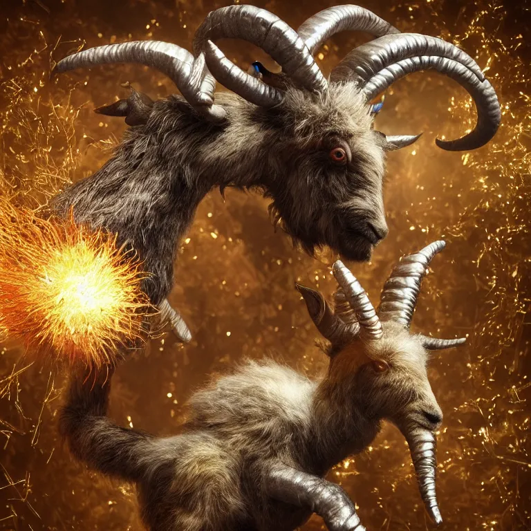 Prompt: octane render portrait by national geographic and wayne barlow and carlo crivelli and glenn fabry, a demon with the furry head of a goat with shining golden horns wearing a tight iridescent silver latex pants and shirt, inside an explosion of glitter, cinema 4 d, ray traced lighting, very short depth of field, bokeh