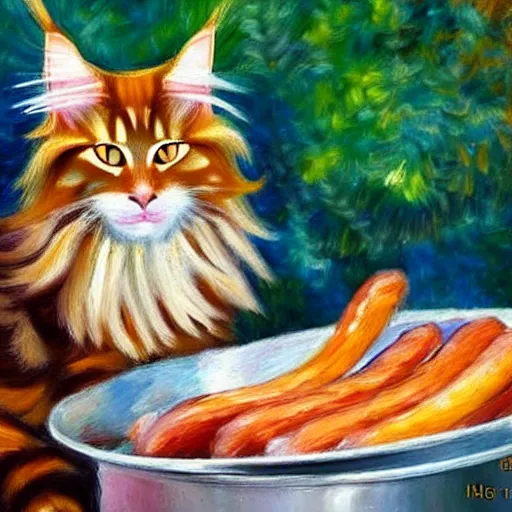 Image similar to beautiful impressionist painting of an ginger maine coon with a white beard cooking some sausages on a pan