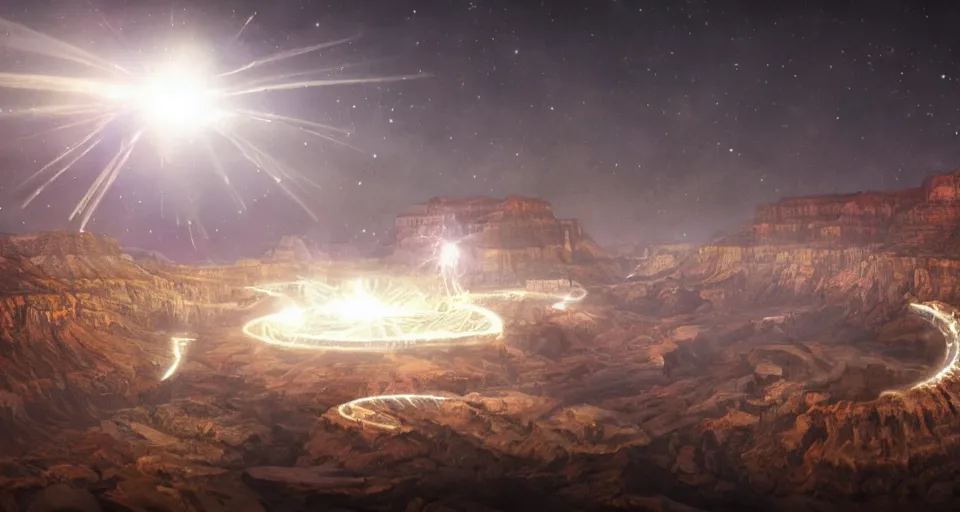 Image similar to night, a lot of people and a spiral - shaped white luminous attractor is floating in grand canyon, concept art, art for the game, professional lighting, art