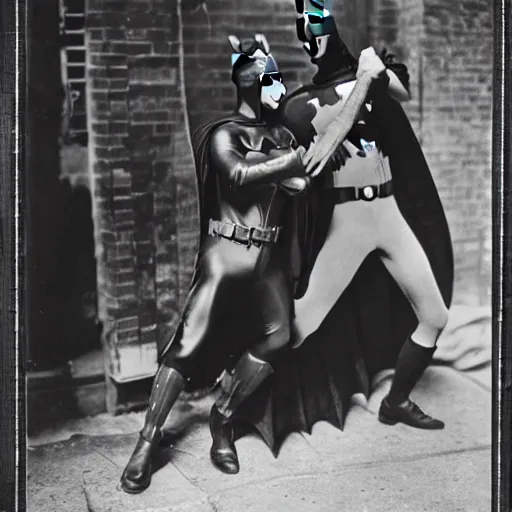 Image similar to old black and white photo, 1 9 2 5, depicting batman fighting a man in vintage suit in an ally of new york city, rule of thirds, historical record