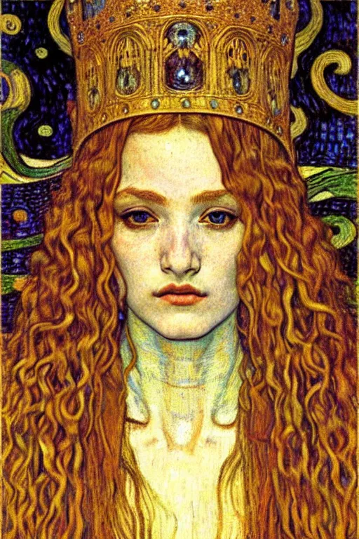 Image similar to detailed realistic beautiful young medieval queen face portrait by jean delville, gustav klimt and vincent van gogh, art nouveau, symbolist, visionary, gothic, pre - raphaelite, muted earthy colors, desaturated