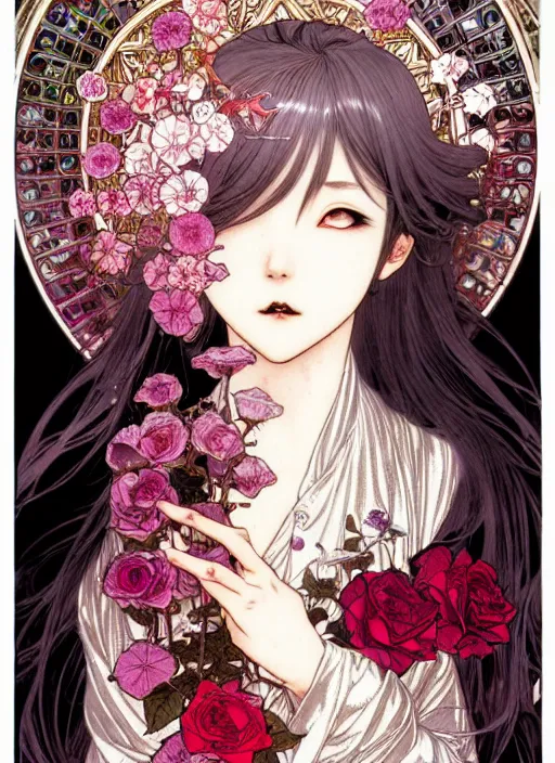 Prompt: exquisite imaginative manga poster art of a vampire girl, roses, pearlescent, shimmering, reflective, rim light, detailed background, by kojima ayami, akihiko yoshida, minaba hideo, alphonse mucha, art nouveau, illustration, artstation, concept art, highly detailed, colorful, maximalist