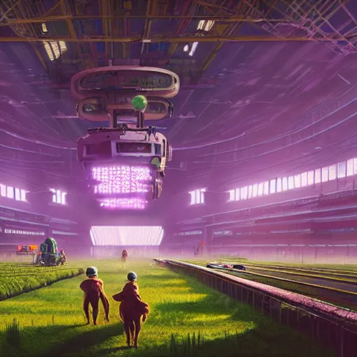 Image similar to a farm inside of a stadium, Simon Stalenhag, Wadim Kashin, solarpunk, 4K, cinematic
