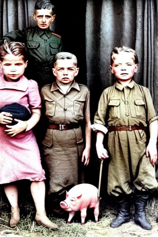 Image similar to children of a stalin and a pig historical photo in color