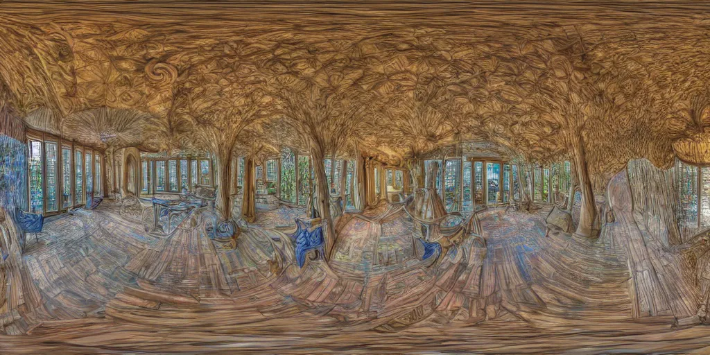 Prompt: equirectangular room by gaudi