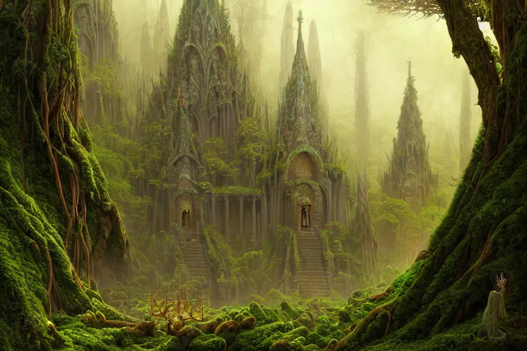 Prompt: a beautiful and highly detailed matte painting of a sacred elven tree temple in a valley in a lush forest in the misty mountains, psychedelic, celtic, intricate details, epic scale, insanely complex, 8 k, sharp focus, photorealism, artstation, cgsociety, by caspar friedrich, albert bierstadt, james gurney, brian froud,