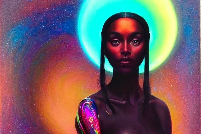 Image similar to patron saint of 🛸🌈👩🏾, futuristic iridescent clothing, wormhole, nebula, black hole, multiverse, neon god of city character portrait, in the style of margaret keane, moebius, tom bagshaw, and waterhouse, cinematic lighting, beautiful, elegant, oil painting,