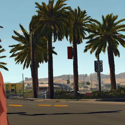 Image similar to Michael Ehrmantraut from Better call Saul in GTA V . Los Santos in the background, palm trees. In the art style of Stephen Bliss.