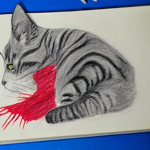 Image similar to crayon drawing of a cat bleeding out, drawn by a 6 year old