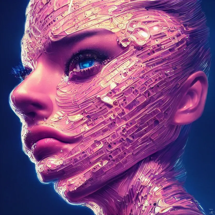 Image similar to a highly detailed photo of very intricate female face portrait, futurism, rococo cyber neon lighting, detailed futuristic fibonacci jewelry, profile posing, hyper photorealistic, crispy quality, digital photography, trending in pinterest, cinematic, 4 k ultra hd, art by pascal blanche, art by greg rutkowski, art by artgerm,