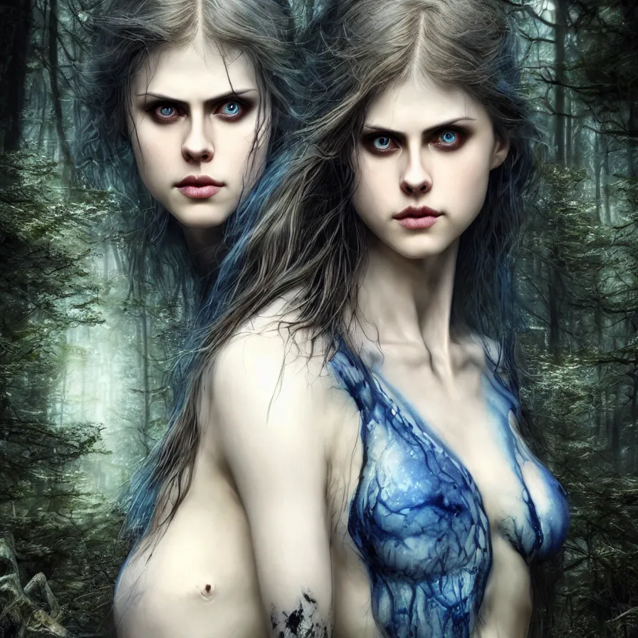 Image similar to photo of a gorgeous nordic female, covered in blue blood, in a dark forest, alexandra daddario face!, realistic, sharp focus, 8 k high definition, insanely detailed, intricate, elegant, art by stanley lau and artgerm, luis royo, greg kutkowski