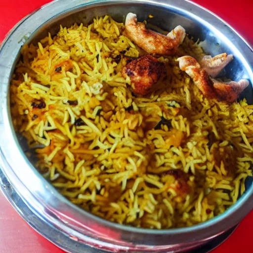 Image similar to A college student is eating chicken biryani in an Andhra mess, highly detailed, 4k