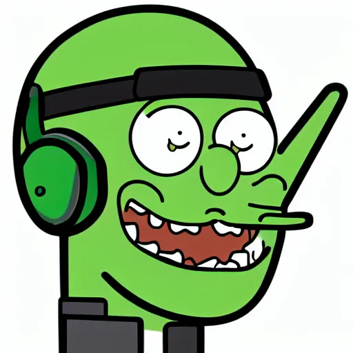 Image similar to a pickle-rick, svg sticker, vector art, wearing headphones, jamming to music