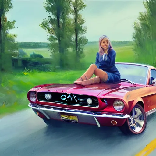 Prompt: green 1967 Ford Mustang GT, Swedish countryside, freedom, dawn, beautiful blonde woman, atmospheric, wlop, artstation, painting by Vladimir Volegov