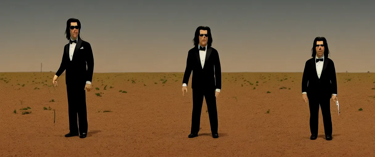 Prompt: wes anderson award - john travolta as vincent vega suprised gesture nobody there ghost town tumbleweed bushes on ground shrugging hand at waist level. standing in black suit high noon golden ratio, 4 k, detailed, art by jamie hewlett and greg rutkowsky, trending on artstation, cinematic lighting, filmic grain, golden hour, detailed, 4 k