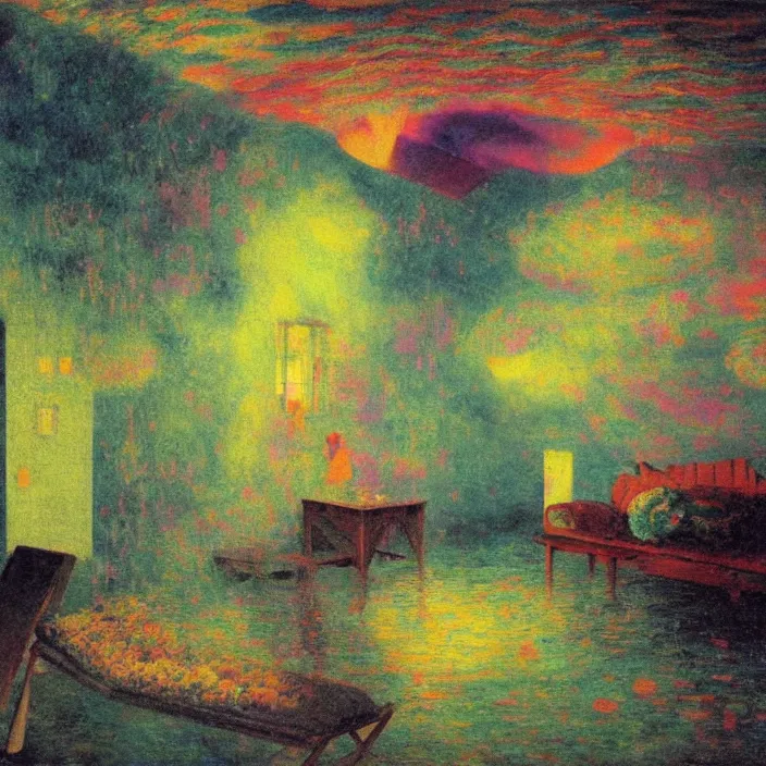 Prompt: interior of a house flooded. aurora borealis. iridescent, psychedelic colors. painting by balthus, agnes pelton, utamaro, monet