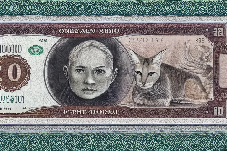 Prompt: one dollar banknote with cute caracal face on it, intaglio style, photo realistic, ultra detailed