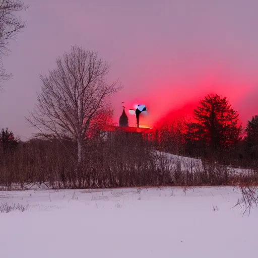 Prompt: photograph of a midwestern church at night with red light coming from the windows, ominous forest in the background