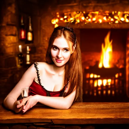 Image similar to young attractive beautiful bar maid in a medieval tavern at night sitting next to a lit fireplace, 4 k detail fantasy, photo realistic, cinematic, filmic, studio lighting