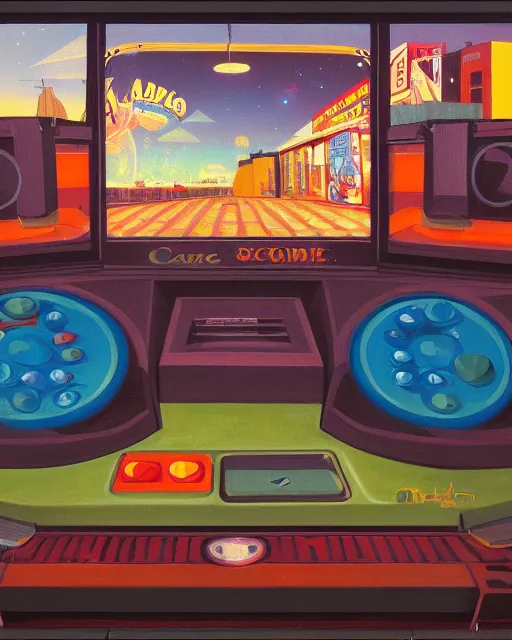 Prompt: arcade start screen. retro technology, vintage colors and shapes, wayne barlow, oil on canvas, deep depth of field, masterpiece, cinematic composition, hyperdetailed