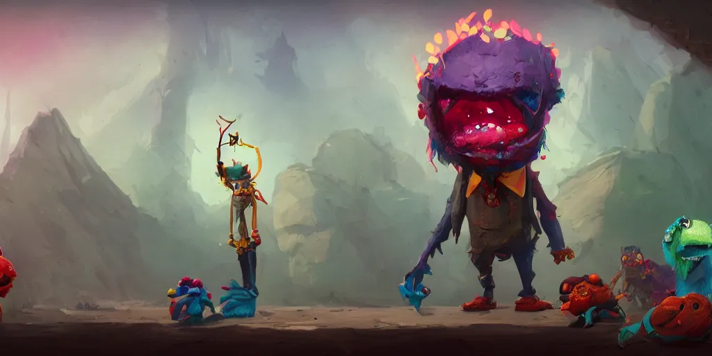 Image similar to evil awkward puppet desig, colorful, character sheet, greg rutkowski, zabrocki, karlkka, jayison devadas, trending on artstation, 8 k, ultra wide angle, zenith view, pincushion lens effect