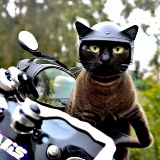 Image similar to a cat riding a motorcycle with a helmet