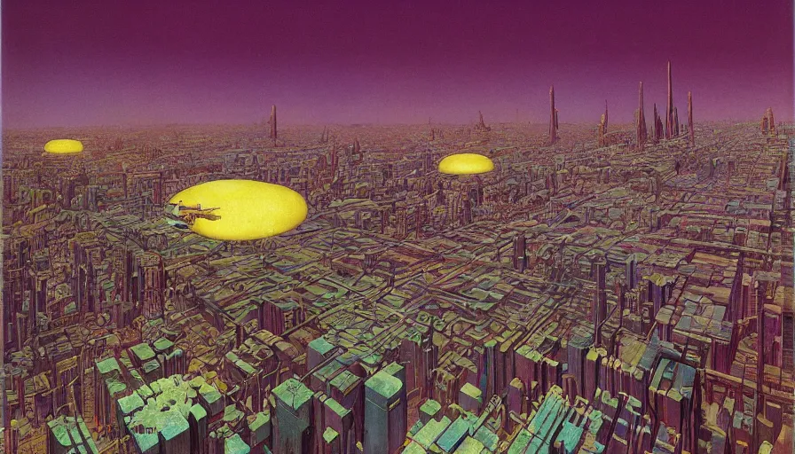 Image similar to a sprawling metropolis with flying cars, by roger dean, by dean ellis, by Jean Giraud, by Moebius, highly detailed, soft lighting, oil on canvas